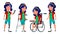 Asian Girl Kid Poses Set Vector. High School Child. Disabled. Wheelchair. Amputation Prosthesis. For Banner, Flyer, Web