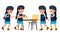 Asian Girl Kid Set Vector. Primary School Child. Schoolchild. Funny, Friendship, Happiness Enjoyment. For Web, Poster