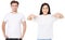 Asian girl and man in blank template t shirt isolated on white background. Guy and young woman in tshirt with copy space and mock