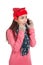 Asian girl with red christmas hat shock talk on mobile phone