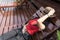 Asian girl in the resort in red clothes and hat sleep on bed pool., background