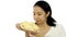 Asian girl smelling stinky durian. Smelly fruit of tropical area