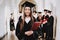 Asian Girl. Standing. Corridor. University. Robes