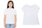 Asian girl in t-shirt mock up isolated, white tshirt mock up close up over white background. T shirt mock up on korean woman