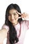 Asian girl taking selfie photo while doing v sign with smileing