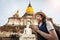 Asian girl tourist holding a lotus with respecting or pray at Wa