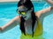 Asian girl in yellow bikini and sunglasses, plays in the pool
