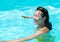 Asian girl in yellow bikini and sunglasses, plays in the pool