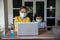 Asian grandmother and Kid wear mask using laptop together. Thai Elderly Woman and Child talk on video call and learn online study