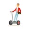 Asian Guy Businessman Riding Electric Self-Balancing Battery Powered Personal Electric Scooter Cartoon Character