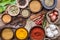 Asian herbs on the wooden table