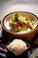 Asian home cooking Concept Thai chicken and baby bamboo Green curry and rice on black background with copy space