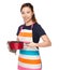 Asian Housewife holding saucepan with oven gloves