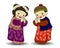 Asian illustration, multicolored Chinese boy and girl greet each other