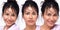 Asian Indian woman show beautiful smile happy lips, hold white flower as fresh clean skin care