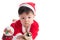 Asian Infant Baby in santa costume christmas celebration on white