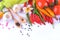 Asian ingredients food fresh spices Vegetable tomato, chilli, garlic, pepper, plumeria close up