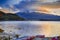 Asian Japanese Destinations. Kawaguchiko Lake in Front of Picturesque Fuji Mountain with Line of  Boats in Foreground in Japan