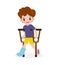 Asian kid injured with broken leg in gypsum. little children standing on crutches, cartoon teen disabled character broken leg