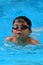 Asian kid swims in swimming pool - butterfly style take deep breath