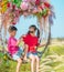 Asian kids having a healthy time on an outdoor flower swing together, for children leisure and happiness freedom concept