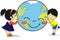 Asian kids hugging and kissing smiling planet Earth