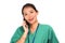 Asian Korean woman as successful physician talking on hand phone - young beautiful and happy medicine doctor or hospital nurse in