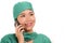 Asian Korean woman as successful talking on hand phone - young beautiful and happy medicine doctor or hospital nurse in surgical