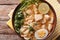Asian Laksa soup with chicken, egg, noodles, sprouts and coriander. Horizontal top view