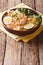 Asian Laksa soup with chicken, egg, noodles, sprouts and coriander. vertical