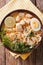 Asian Laksa soup with chicken, egg, noodles, sprouts and coriander. Vertical top view
