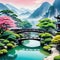 Asian landscape traditional house with pond and bridge watercolor art painting background