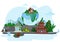 Asian landscape with tree, waterfall, mountains and house. Globe with plants and wind turbines