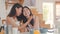 Asian Lesbian lgbtq women couple have breakfast at home, Young Asia lover girls feeling happy toothy smile looking to camera while