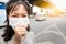 Asian little child girl suffer from cough with face mask protection,sick woman wearing medical mask because of air pollution in