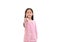 Asian little child point index finger pressing an imaginary button at front on white isolated background. Focus at forefinger