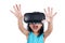 Asian little Chinese girl experiencing virtual reality via VR go