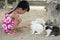 Asian Little Chinese Girl Feeding a Rabbit with Carrot