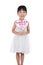 Asian Little Chinese Girl holding greeting card for mother`s day