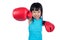 Asian Little Chinese Girl Wearing Boxing Glove With Fierce Expression