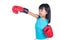 Asian Little Chinese Girl Wearing Boxing Glove With Fierce Expression