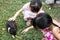 Asian Little Chinese Sisters Feeding a Rabbit with Carrot