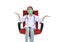 Asian little girl child in white doctor gown and protective mask with open arms wide sitting on red chair  on white studio