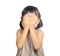 Asian little girl cover her face with her hand isolated in white
