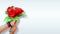 Asian little girl giving roses bouquet isolated in white background with copy space