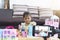 Asian little girl playing toys at home. With recording making video blogger