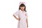 Asian little girl wearing a nurse uniform with one hand holding her waist