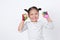 Asian little kid girls are cute, stand smiling on white background