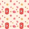 Asian lunar new year decorative pattern. Watercolor hand drawn elements: lantarns, cherry blossom, lucky coins and apricot flowers