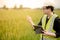 Asian male agronomist observing on rice field